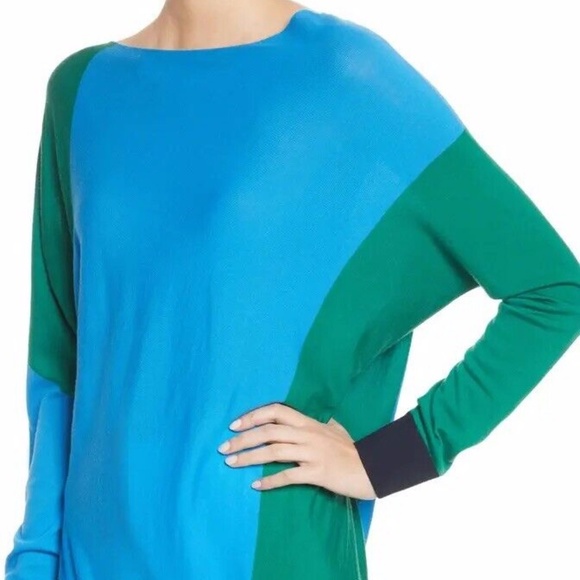 St John | Colorblock Wool Top Womens Lg Blue Long Sleeve Pullover Asymmetrical - Picture 2 of 12